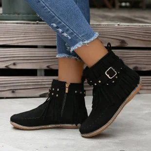 Zhungei Autumn Flat Heel Ankle Boots Retro Suede Tassel Women Boots Fashion Round Toe Soft Sole Short Boots Casual Women Shoes