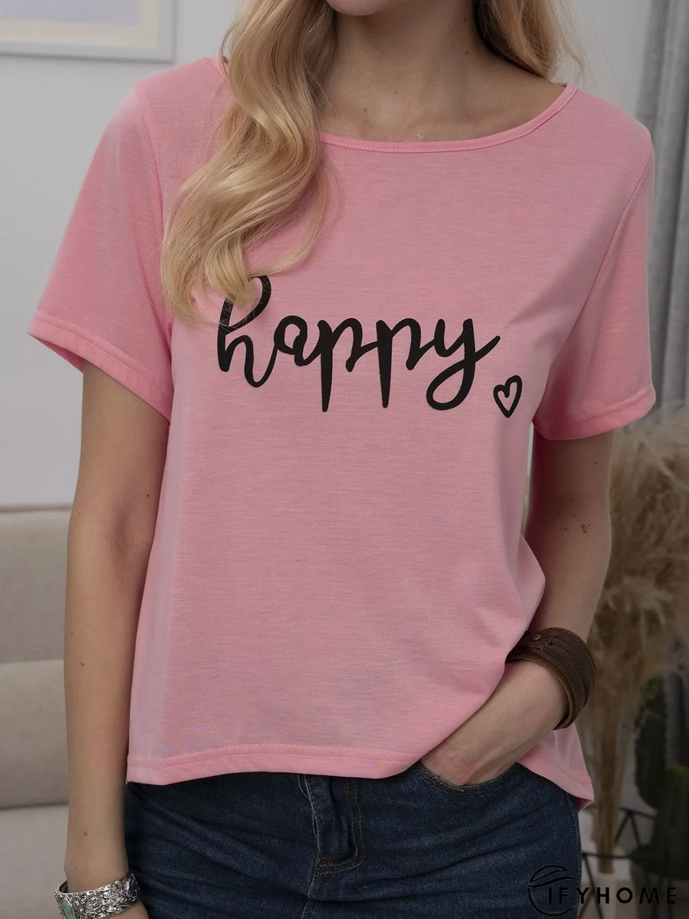 Plus Size Women Short Sleeve Happy Floral Casual Tops | IFYHOME