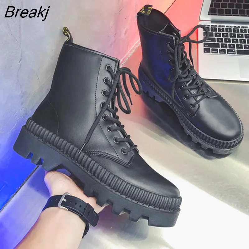 Breakj Winter New Platform Mid-Top Boots Men Autumn British Trend Ankle Boots Hight-Top Korean Casual Men's Shoes Motorcycle Boots