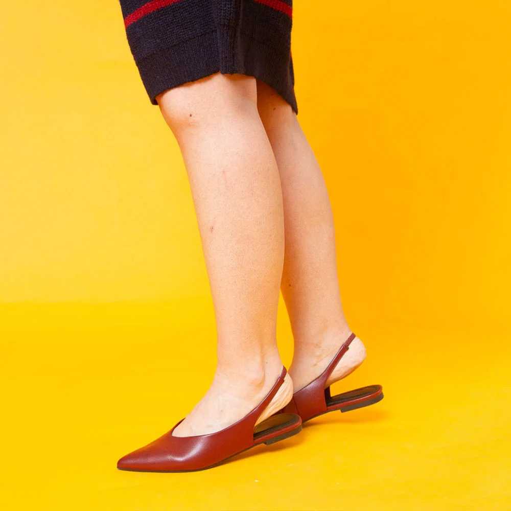 Burgundy Vegan Leather Pointed Toe Slingback Flat Shoes for Women