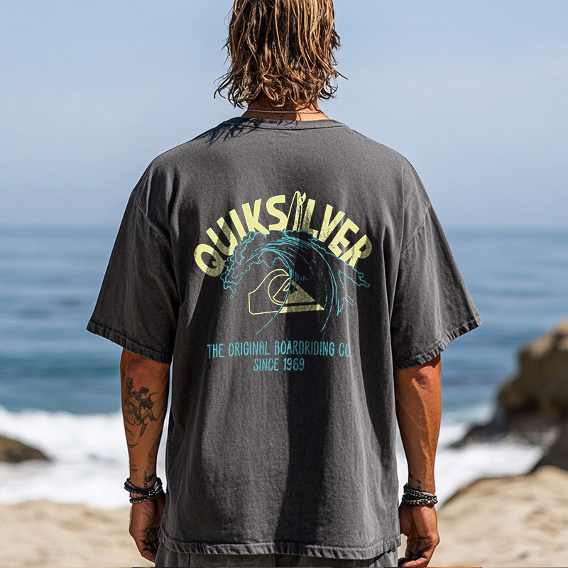 Wash Vintage Classic Surf-Inspired Graphic T-Shirt For Men