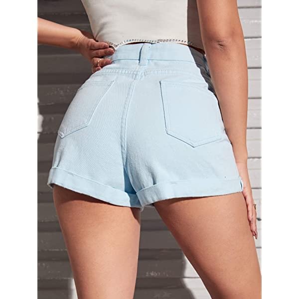Women's Casual Mid Waist Rolled Hem Denim Jean Shorts with Pockets