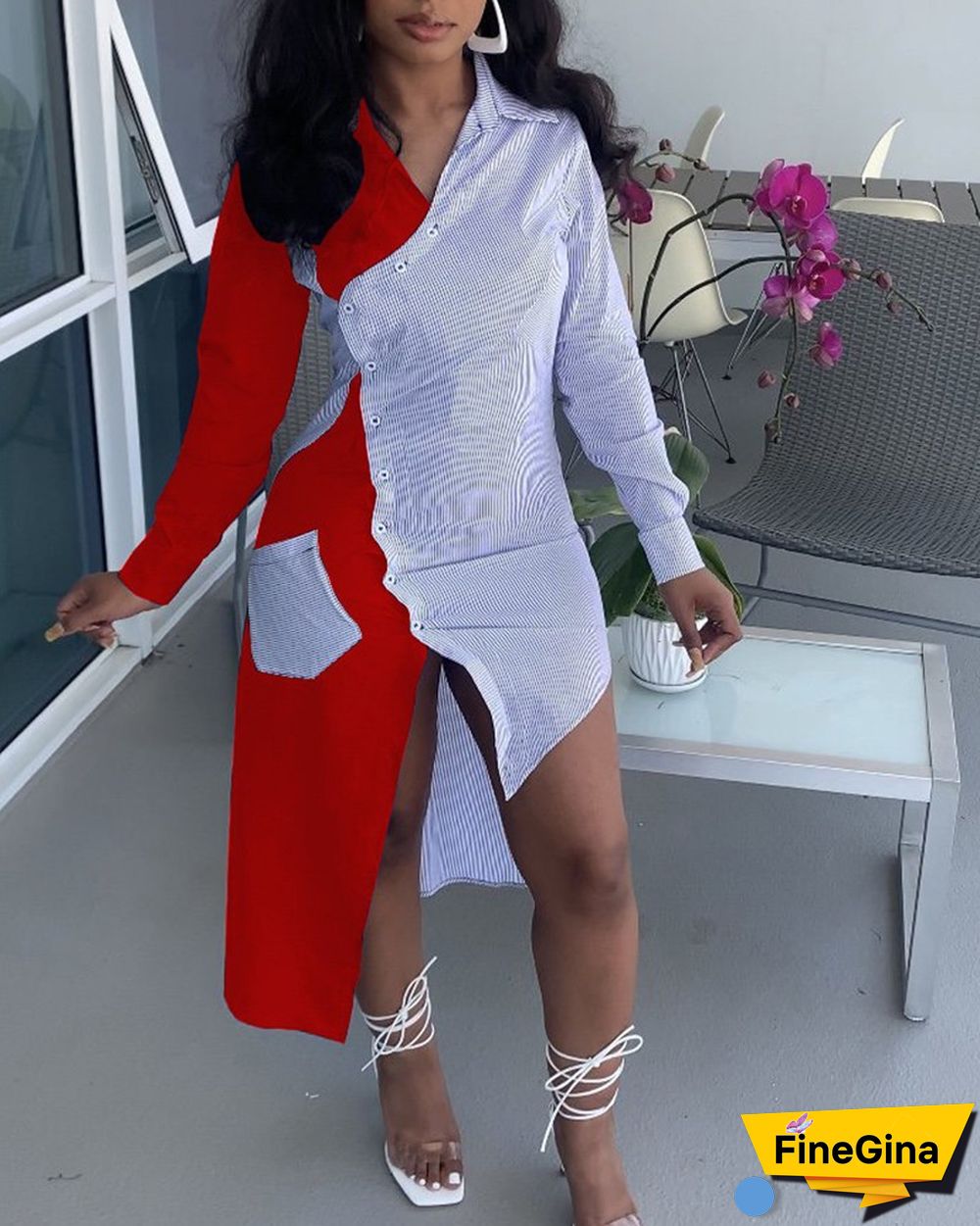 Colorblock Button Pocket Design Shirt Long Dress