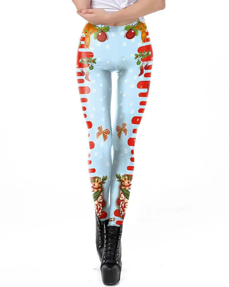 Mayoulove Cute Cat In Holly Christmas Leggings-Mayoulove