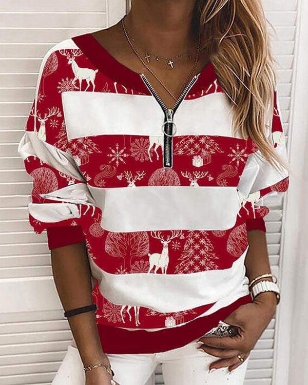 Fashion Christmas Stripe Zipper Neck Sweatshirt - Chicaggo