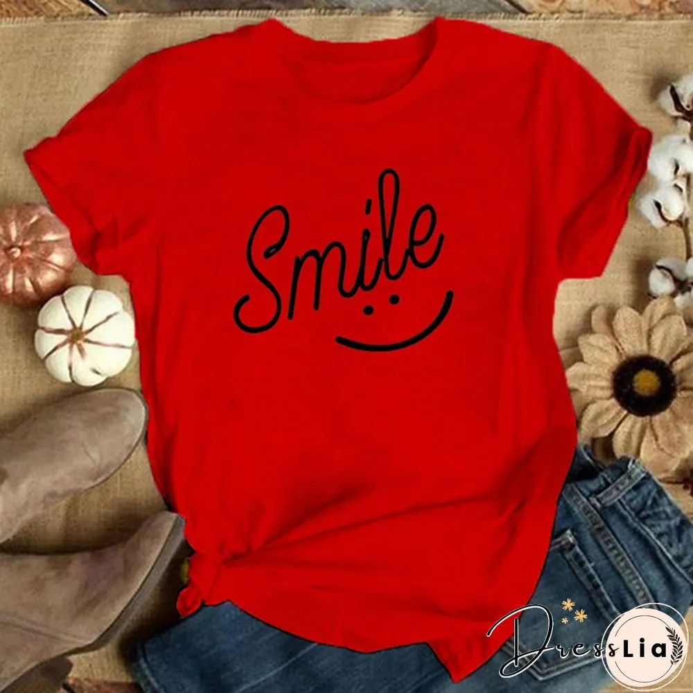 Smile Print Women T Shirt Short Sleeve O Neck Loose Women Tshirt Ladies Tee Shirt Tops
