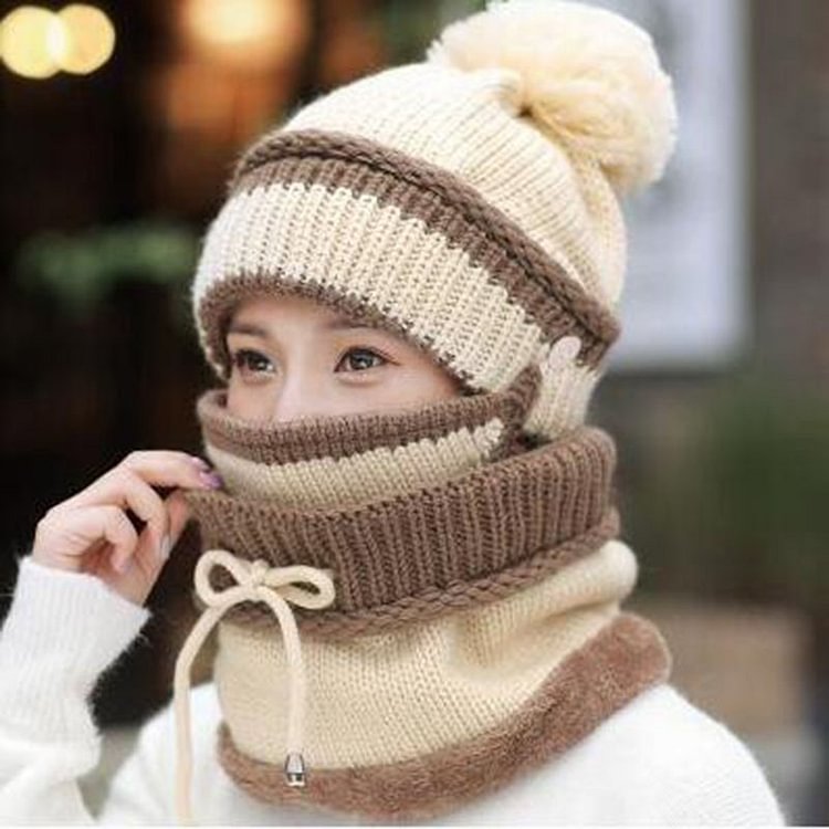 Cute Knit Hat Face Mask Fur Pom Pom - Modakawa Modakawa