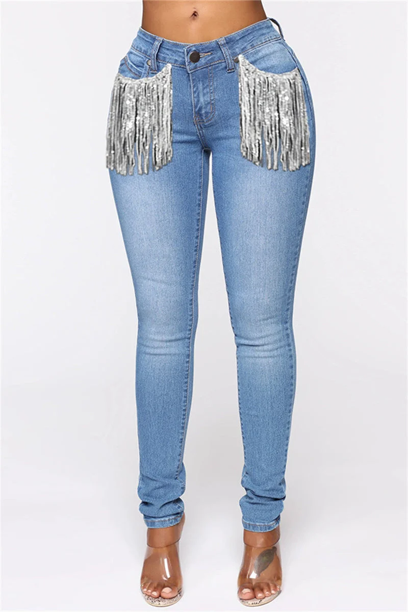 Fashion Casual Solid Tassel Split Joint Mid Waist Skinny Denim Jeans