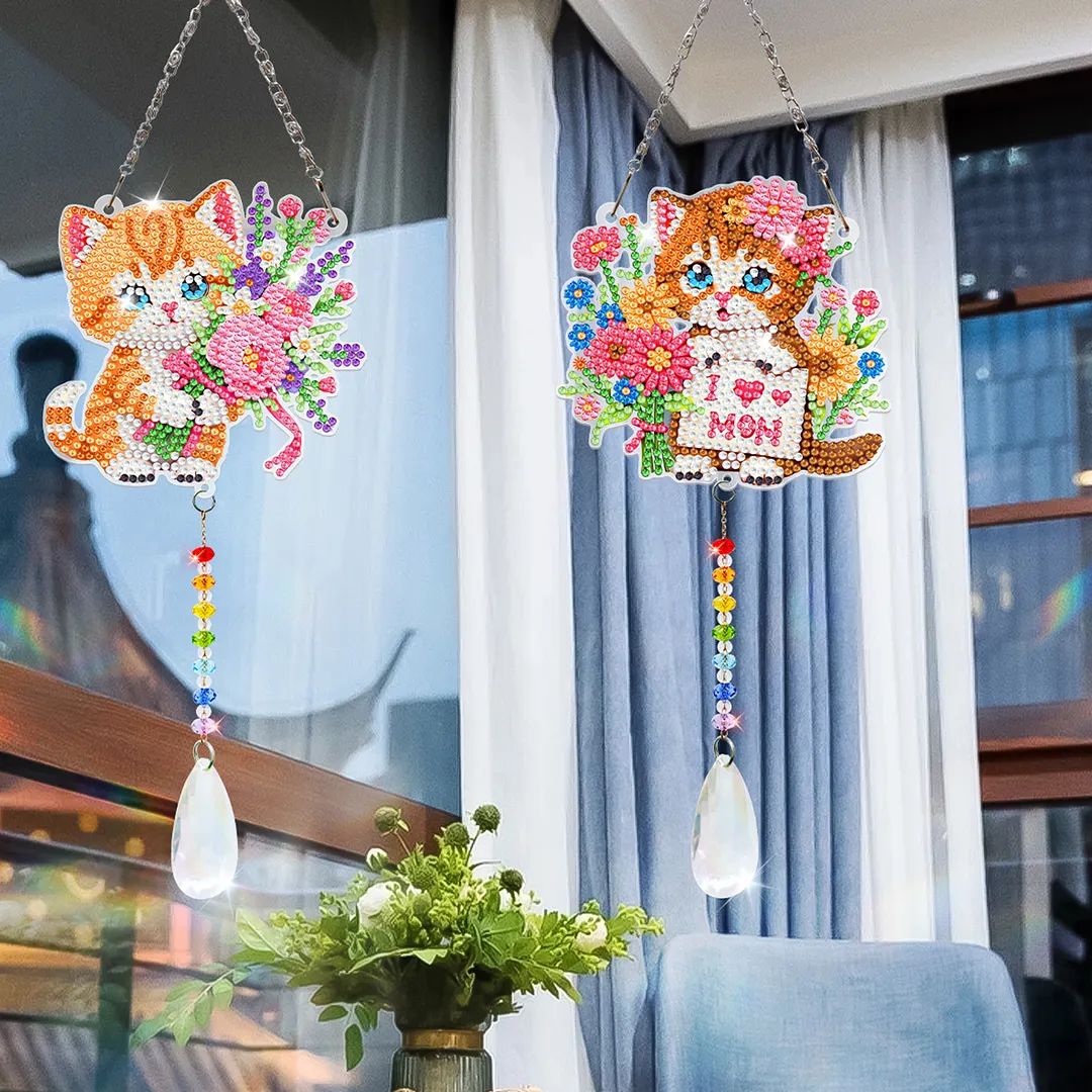 2Pcs Cat DIY Acrylic Diamond Painting Art Wind Chimes with Crystal Pendant Diamond Art Hanging Pendant Double-Sided for Adults Beginners Gift Home Garden Decor