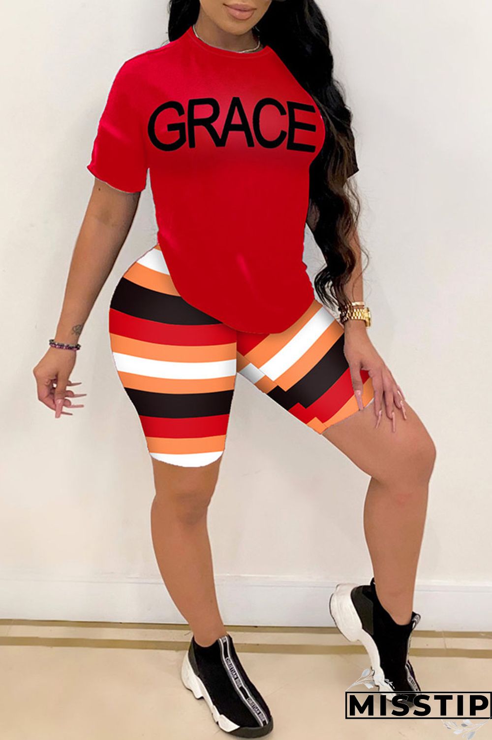 Red Fashion Casual Letter Print Basic O Neck Short Sleeve Two Pieces