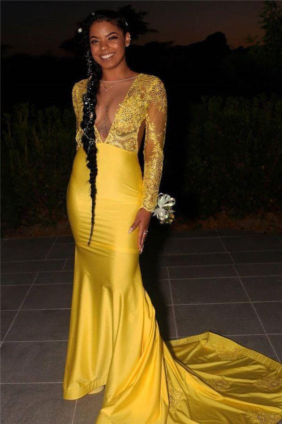 Hidais Elegant V Neck Long Sleeves Applique Mermaid Long Prom Dress