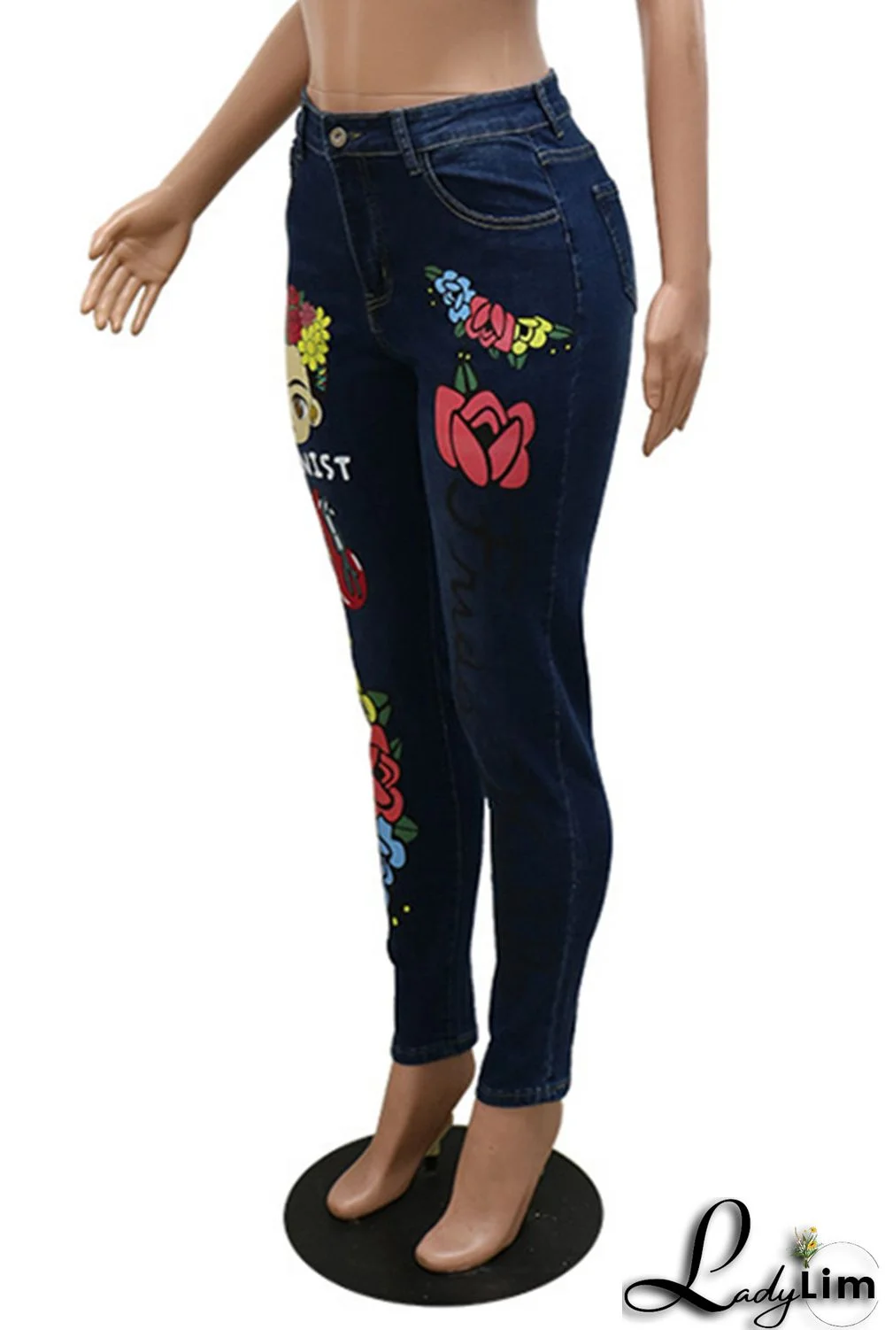 Deep Blue Fashion Casual Print Patchwork Mid Waist Skinny Denim Jeans