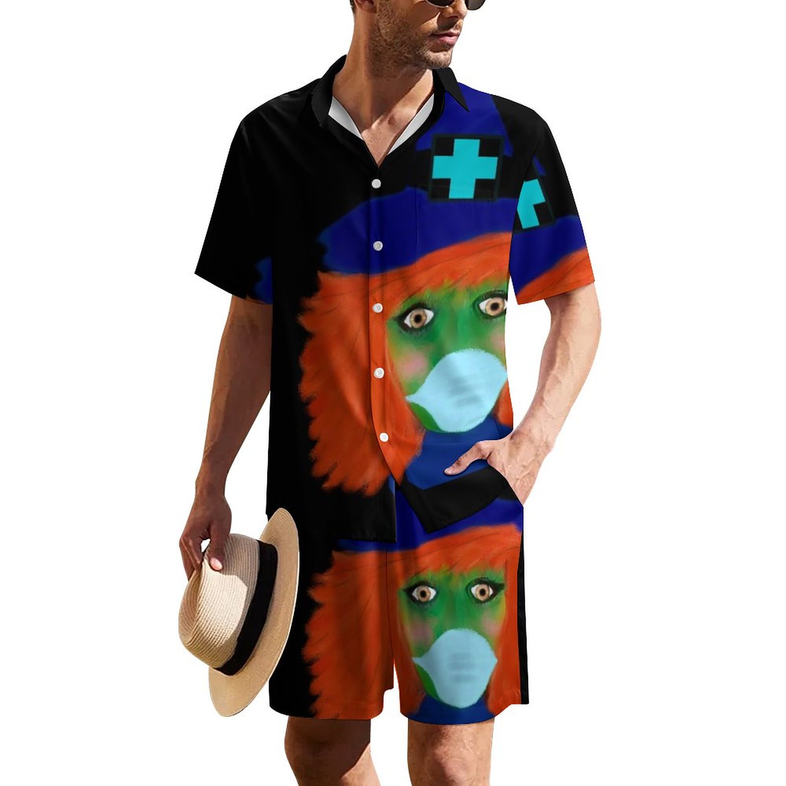 Spooky Halloween Witch Party | Men's Summer Hawaiian Matching Set | Slim Fit Oxford Button Down Corgi Hawaiian Shirt Men's Button Down Shirt for Vacation and Resort