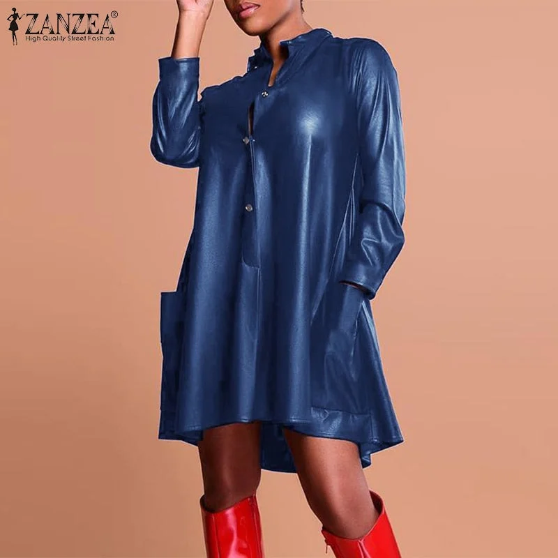 ZANZEA Fashion Autumn Women Sundress Lapel Neck Long Sleeve PU Leather Dress Robe Femme Party Dress Casual Loose Shirt Vestidos