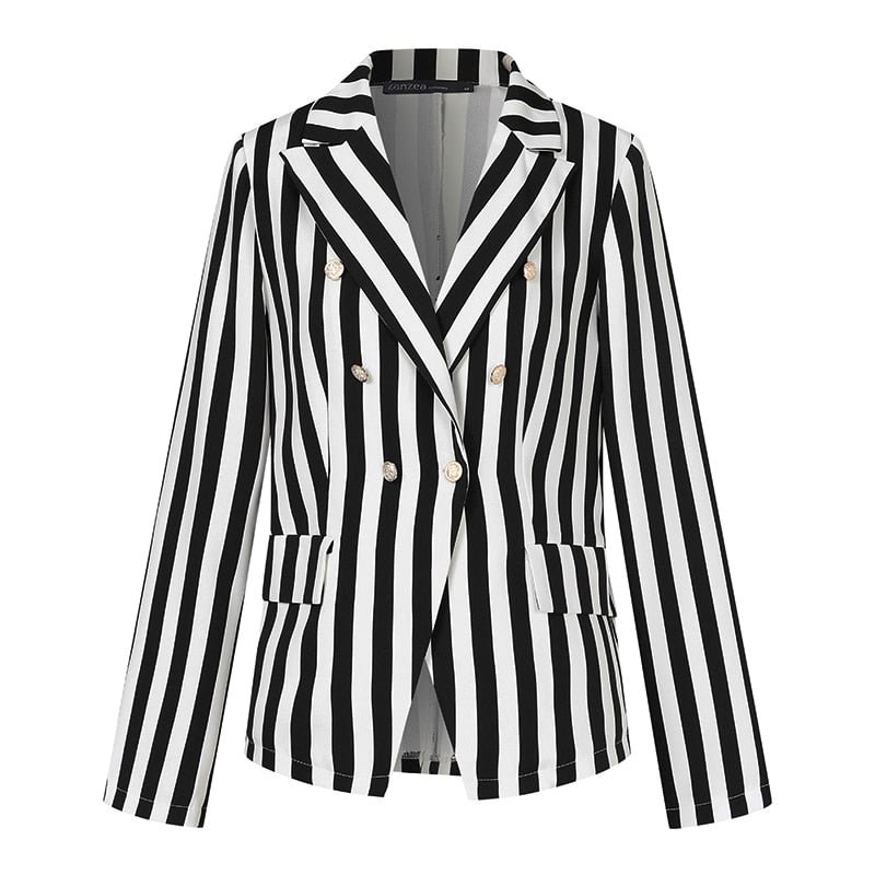 ZANZEA Fashion Double Button Short Coats Women Autumn Vertical Striped Coats Casual Office Lady Long Sleeves Outwears Oversized
