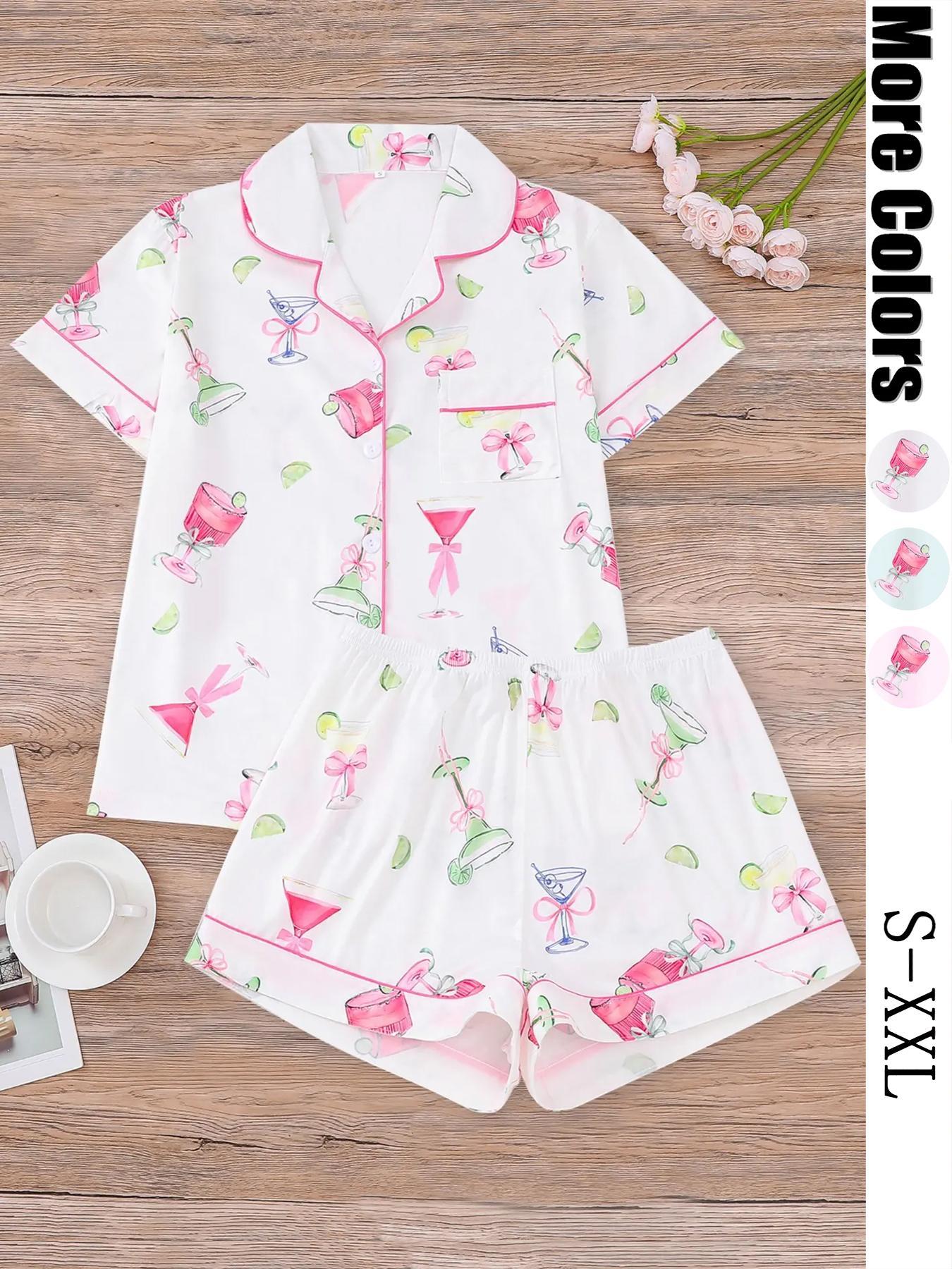 Women's All-Over Cocktail Print Button Front Shirt & Elastic Waist Shorts Pyjama, Casual Comfy Pjs Short Sleeve Top & Shorts Pajamas Set, Ladies Sleepwear for All Seasons, Loungewear, Casual Pajamas Outfit