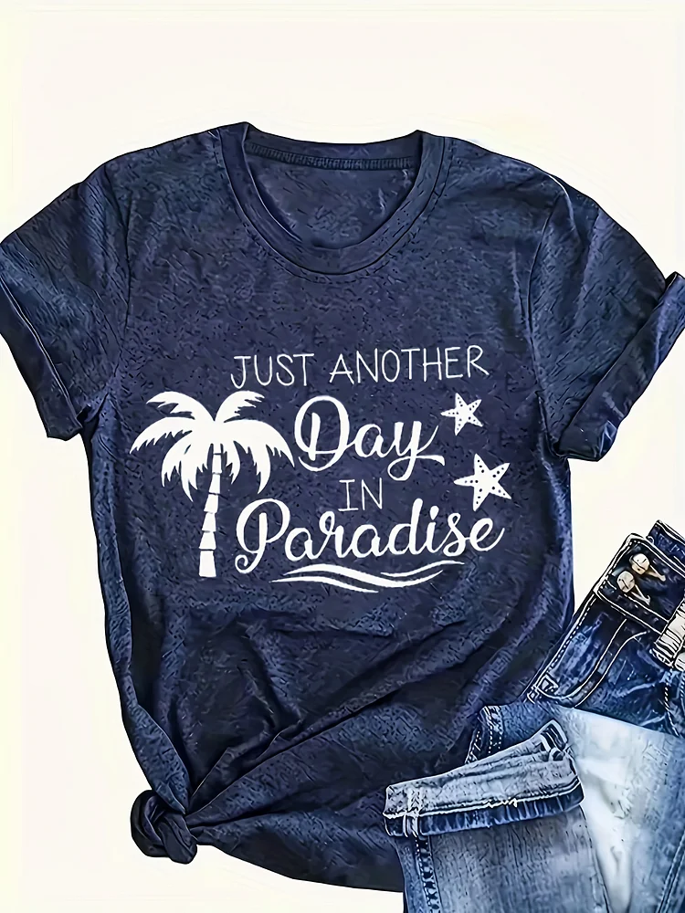 Women's Plus Size Casual Short Sleeve T-Shirt - Tropical "Just Another Day In Paradise" Graphic Print With Palm Trees & Stars, Navy Blue Round Neck Summer Top, Breathable Machine-Washable Fabric, Everyday Comfort | Relaxed Fit Tee |