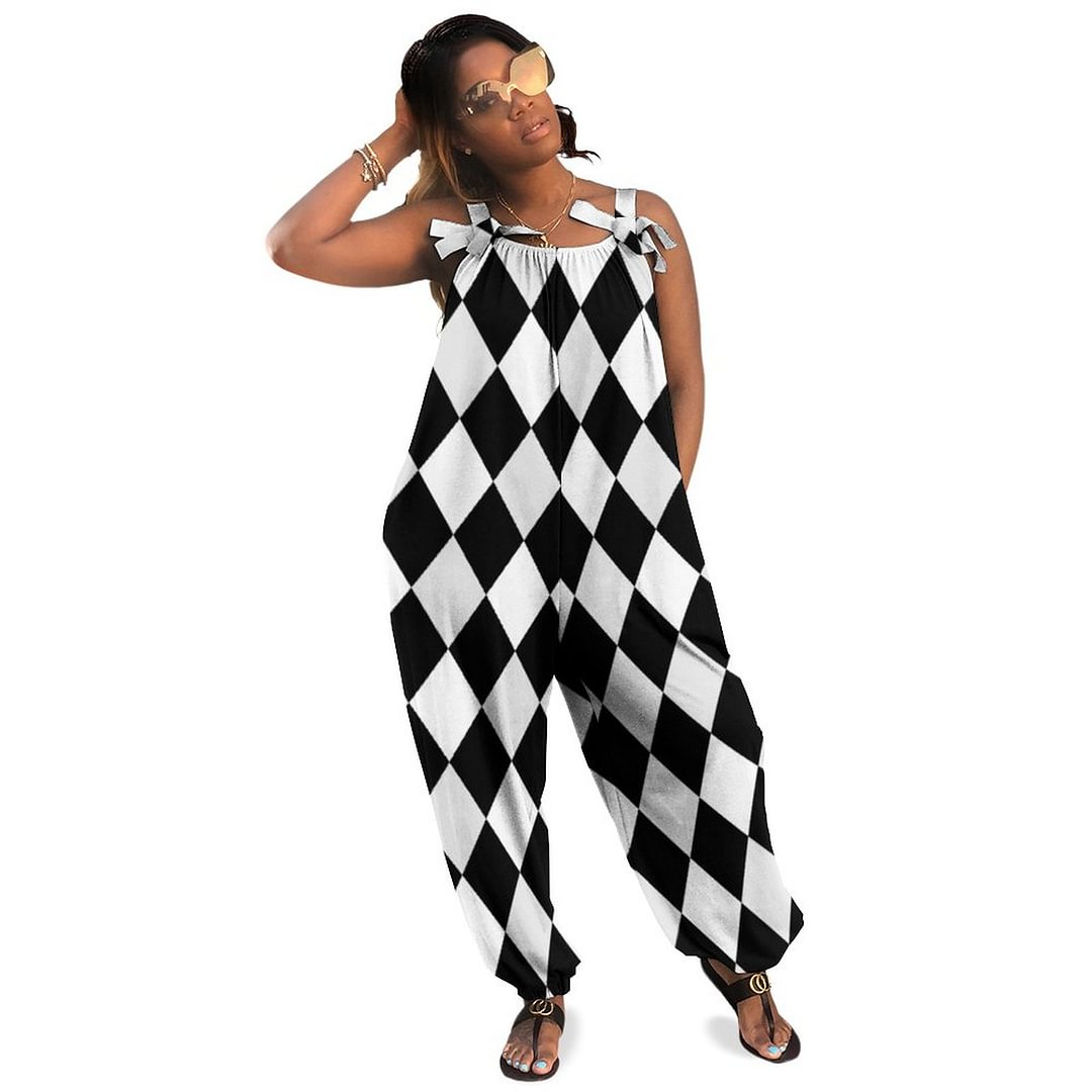 Black And White Harlequin Diamond Pattern Boho Vintage Loose Overall Corset Jumpsuit Without Top
