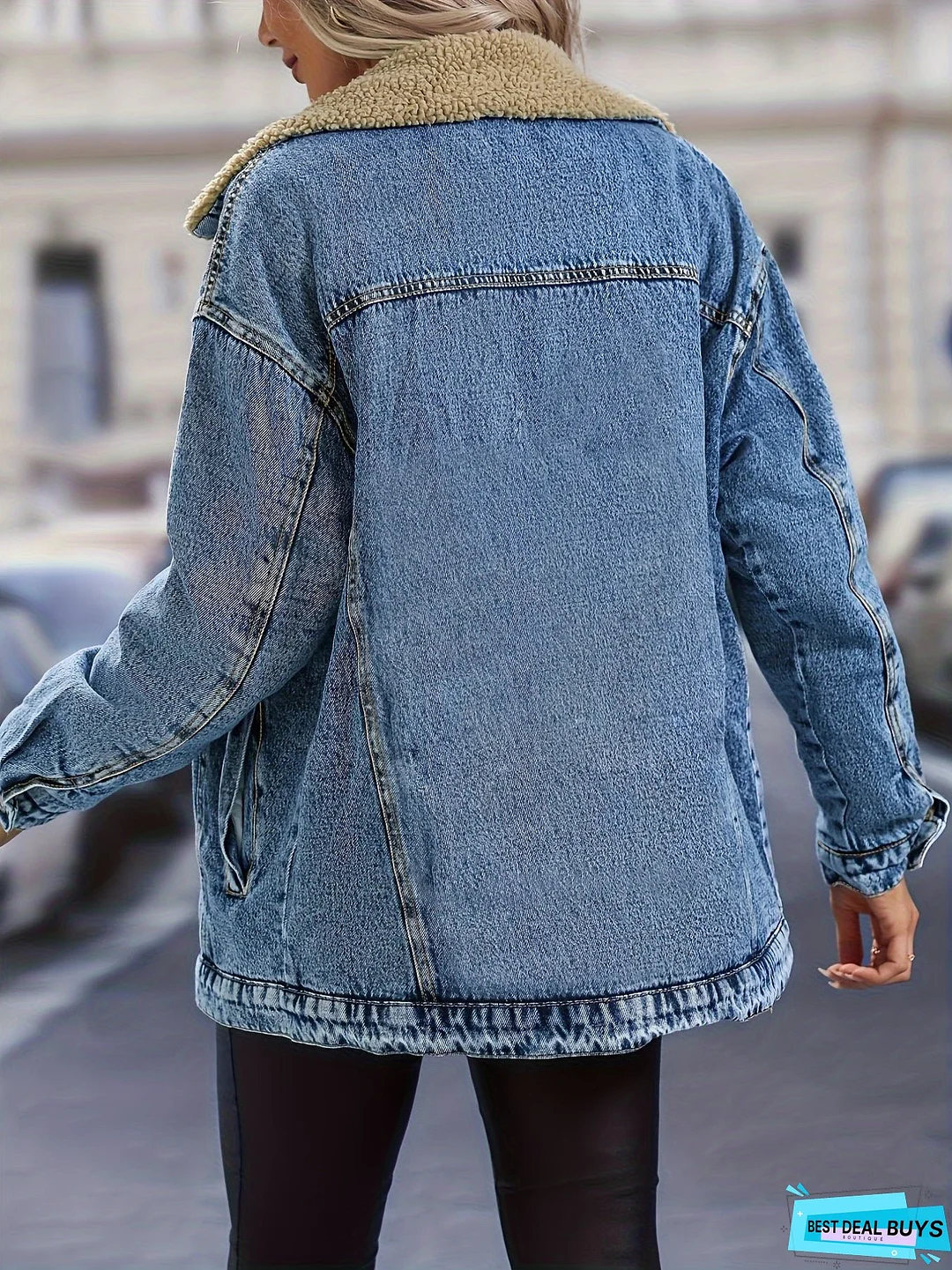 Fleece Lined Single-breasted Long Sleeve Denim Jacket Lapel Slash Pocket Comfy Warm Winter Denim Coat, Women's Denim Jeans & Clothing