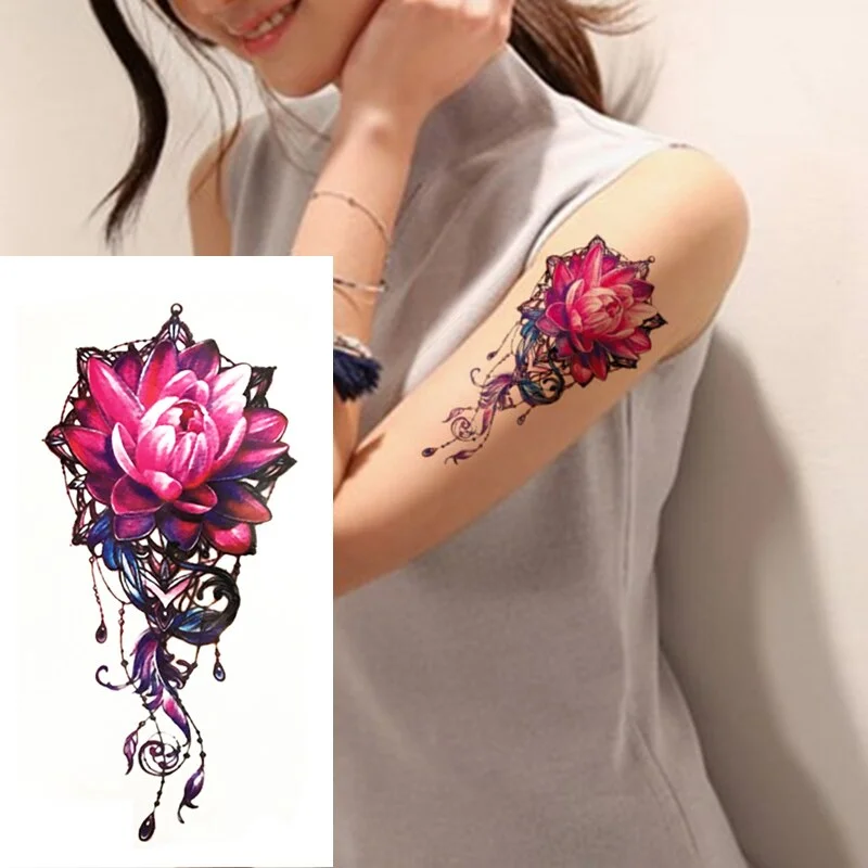 Waterproof Temporary Tattoo Sticker Old School Rose Lotus Flash Tattoos Flower Lace Body Art Arm Fake Tatoo Women Men