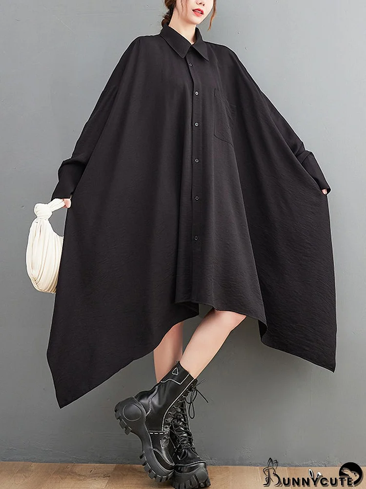 A-Line High-Low Asymmetric Buttoned Pockets Solid Color Lapel Midi Dresses Shirt Dress