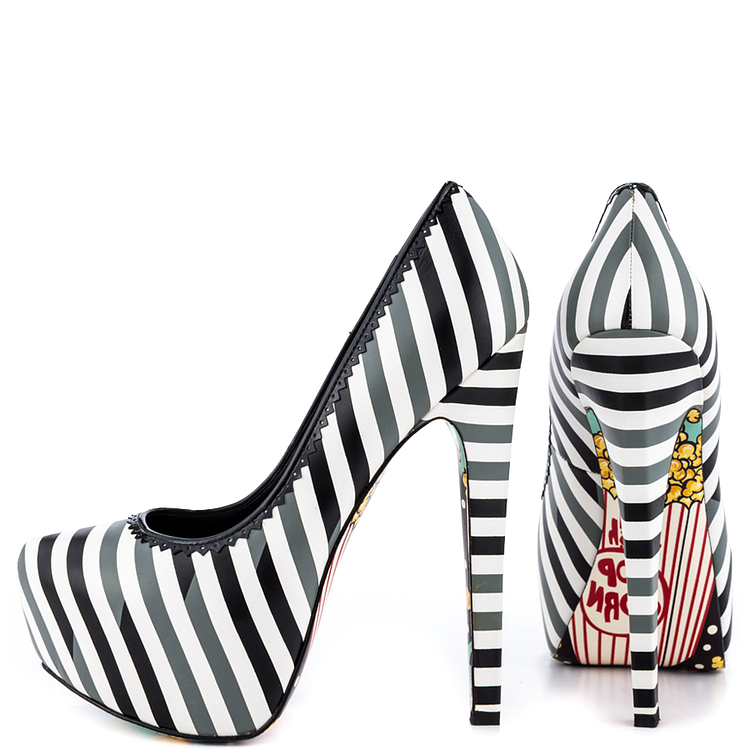 Women's White And Black Stiletto Heels Floral Print Platform Almond Toe Pumps |FSJ Shoes