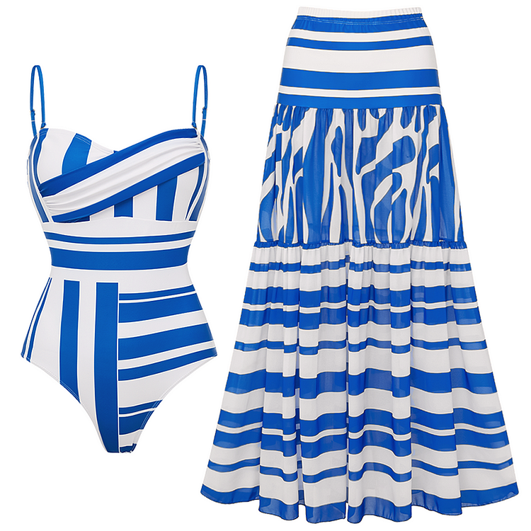 Sling Water Ripple Printed One Piece Swimsuit and Skirt Flaxmaker
