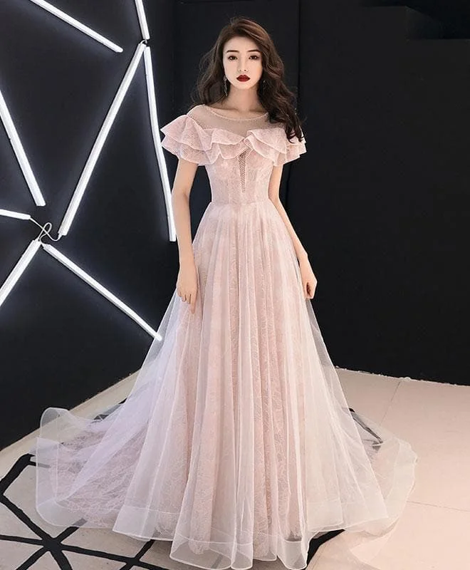 Pink Round Neck Tulle Lace Long Prom Dress, Pink Evening Dress