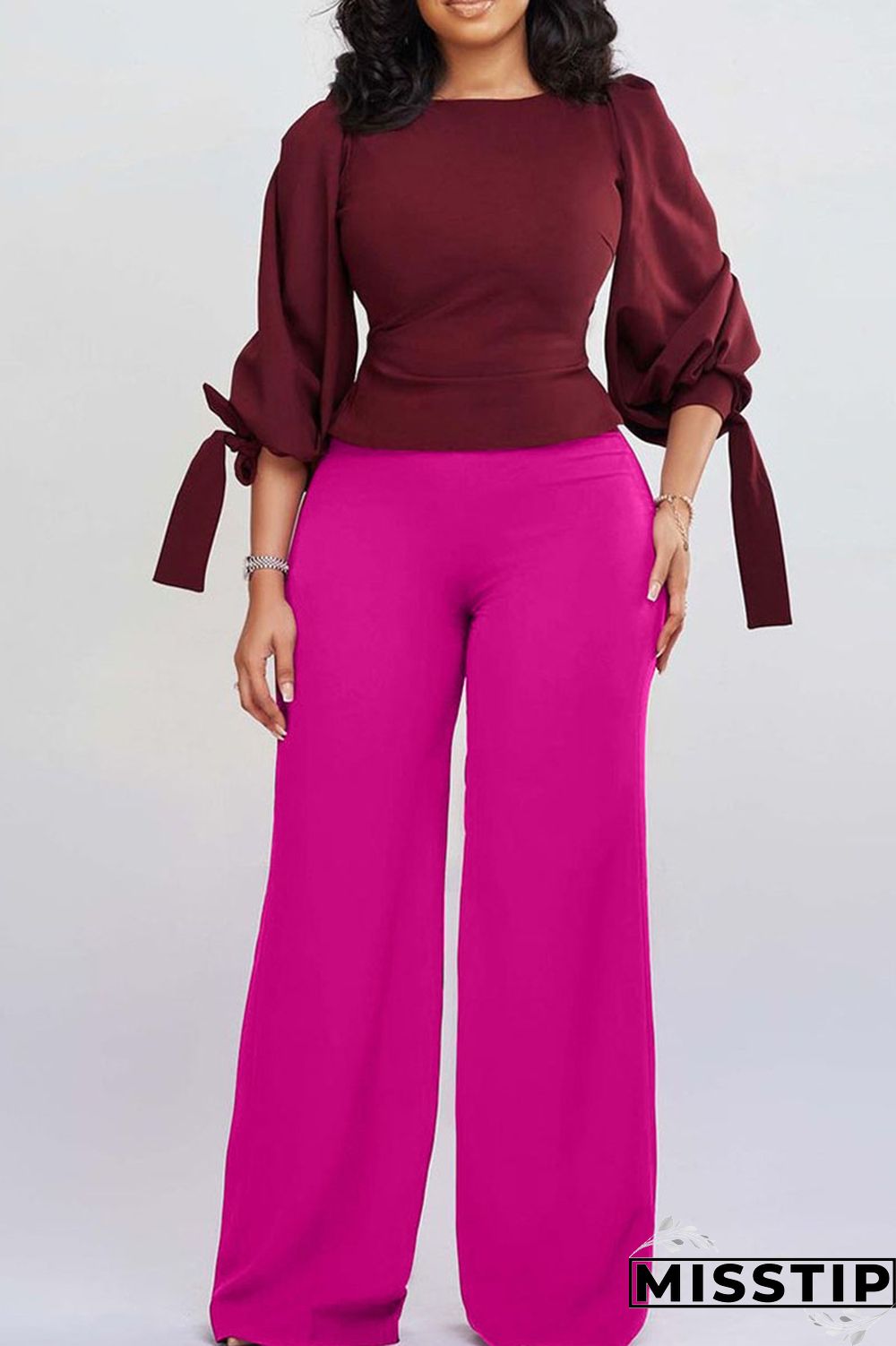 Orange Pink Casual Elegant Solid Bandage Patchwork O Neck Three Quarter Two Pieces