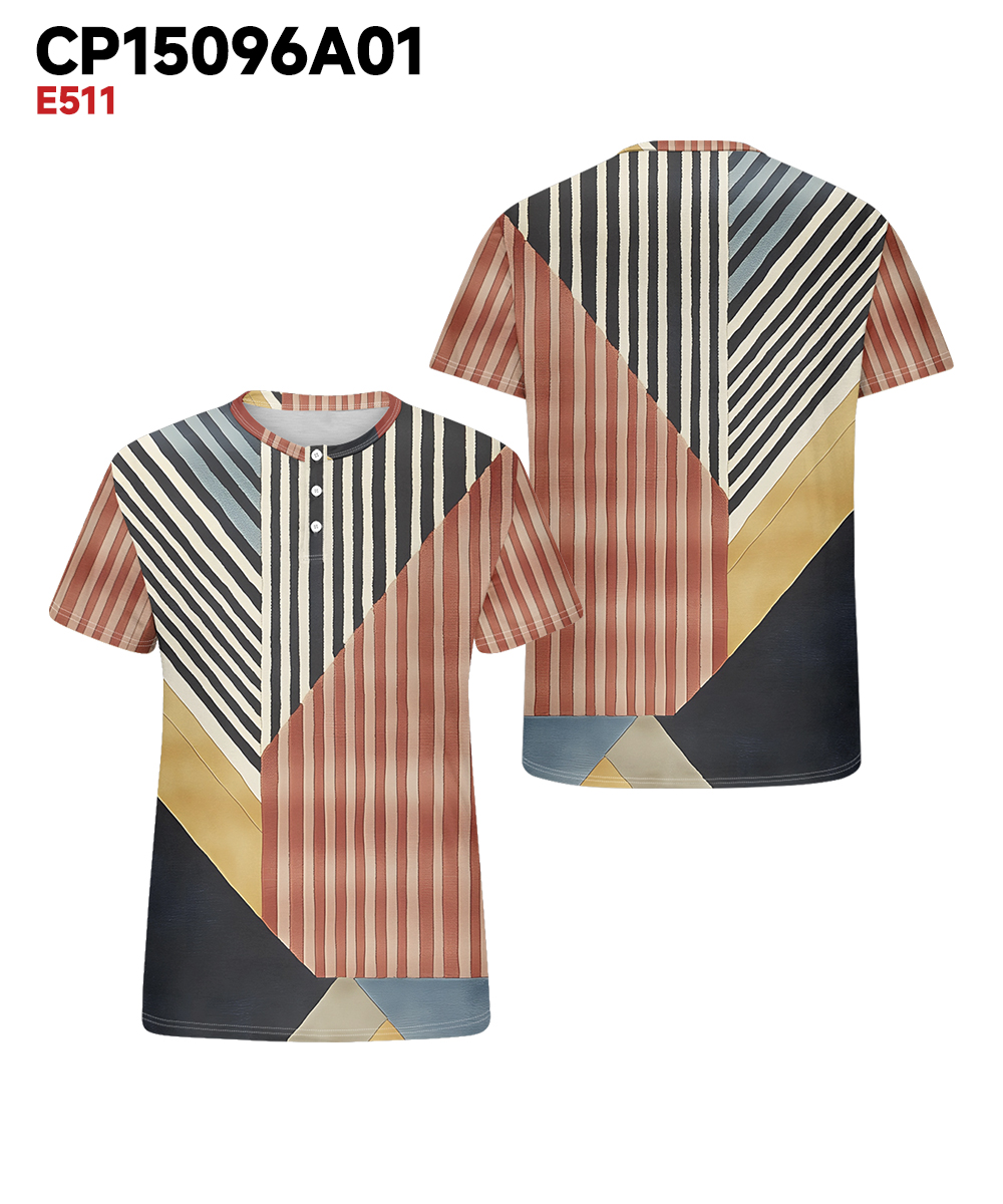 Men's Plus Size Daily Casual Red Stripe Patchwork Geometric Print Henry Collar Button Short Sleeve T-Shirt