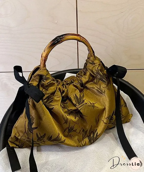 Retro Yellow Cinched Embroideried Silk Tote Handbag