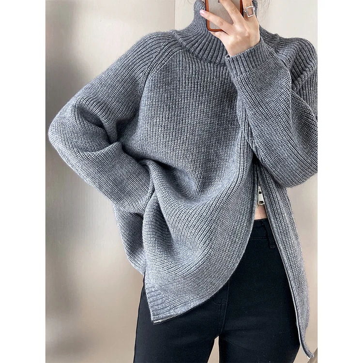 Casual Solid Color Zipper Turtleneck Knit Sweater
