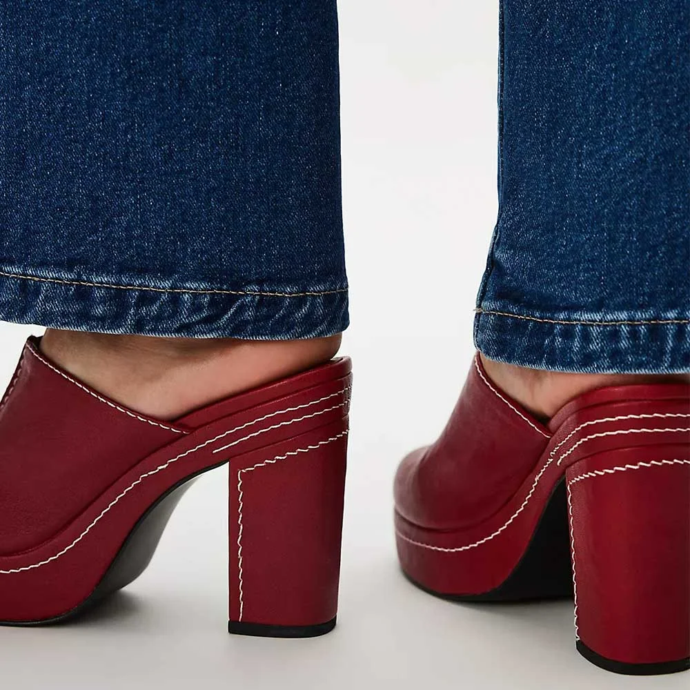 Fashion Maroon Closed Round Toe Platform Stitching High Heel Mules