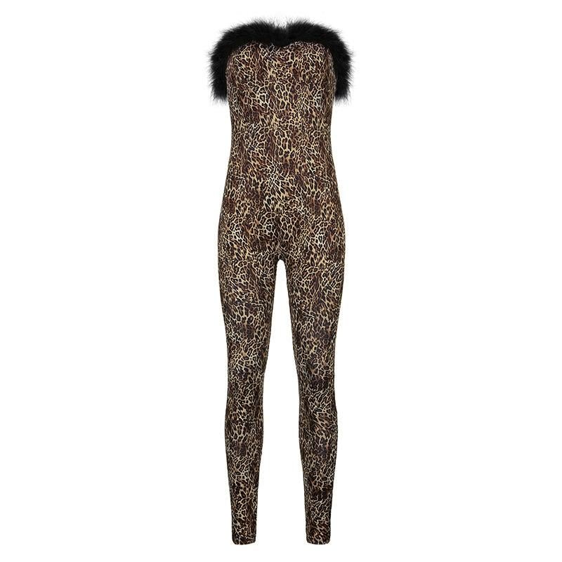 Sexy tube top leopard print stretchy jumpsuit-zachics