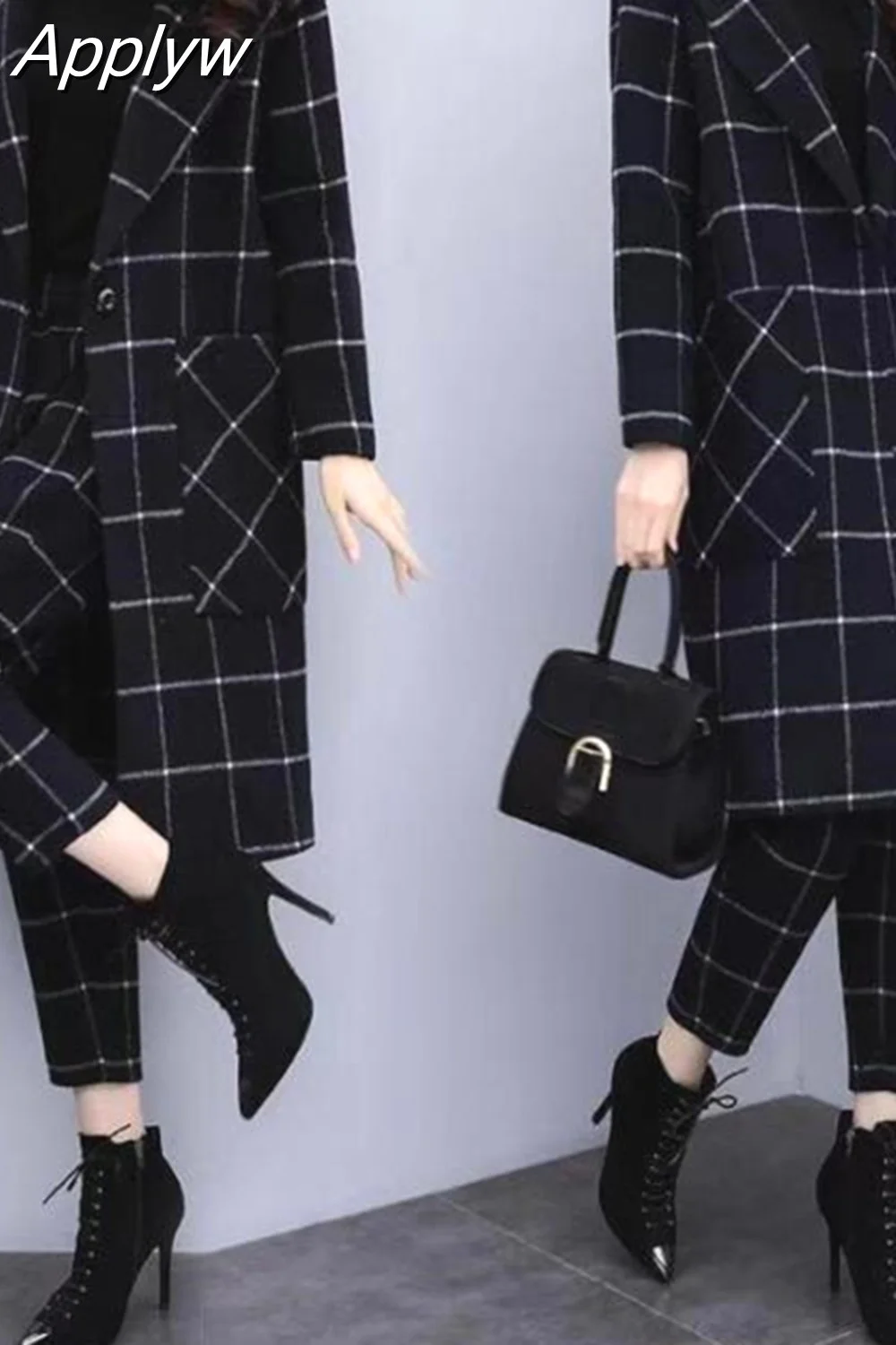 Applyw Winter Black Woolen Plaid Two Piece Sets Outfits Women Long Coat And Pants Suits Elegant Fashion Office Sets