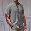 Camicia da uomo a maniche corte in cotone e lino con collo alto e bottoni