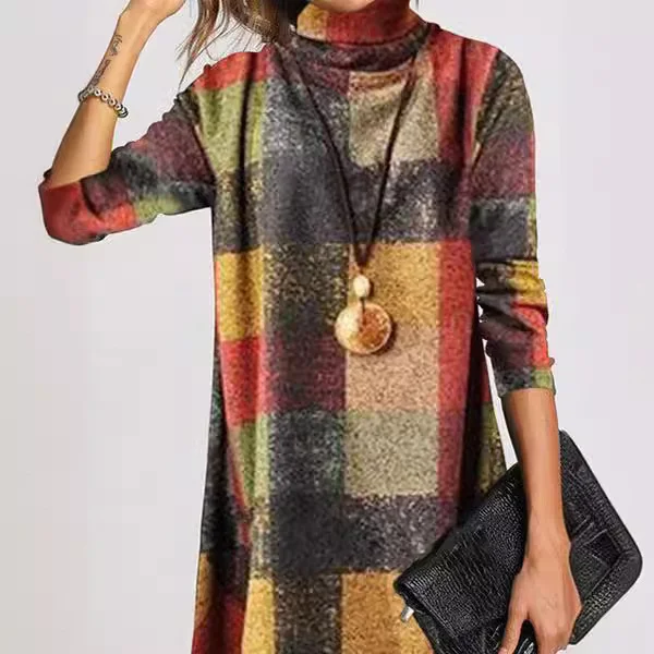 Wongn Wongn Autumn / Winter New Vintage Thickened French Cashmere Grinding Wool High Collar Long Sleeve Plaid Dress Direct Sales