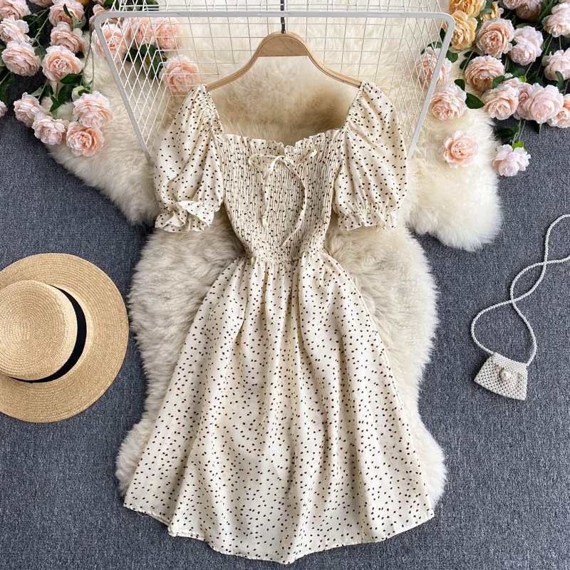 Croysier Dresses For Women 2021 Vintage Polka Dot Floral Summer Beach Dress Square Neck Tie Short Puff Sleeve Shirred Mini Dress