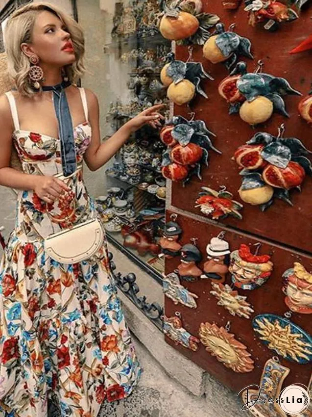 Women's Swing Dress Maxi long Dress Sleeveless Floral Print Fall Elegant Casual Rainbow S M L XL
