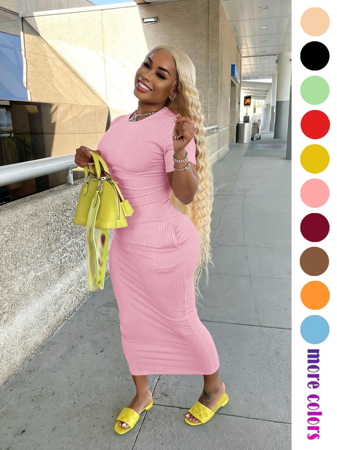 Threaded Elastic Solid Color Bodycon Dress, Breathable Elastic Party Outing Travel Pocket Long Dress, Summer Dress, Everyday Casual Wear, Womenswear
