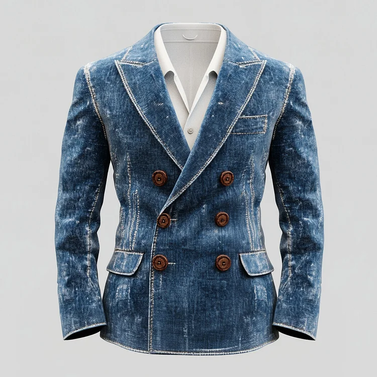 Men's Peak Lapel Double Breasted Washed Denim Long Sleeve Blazer
