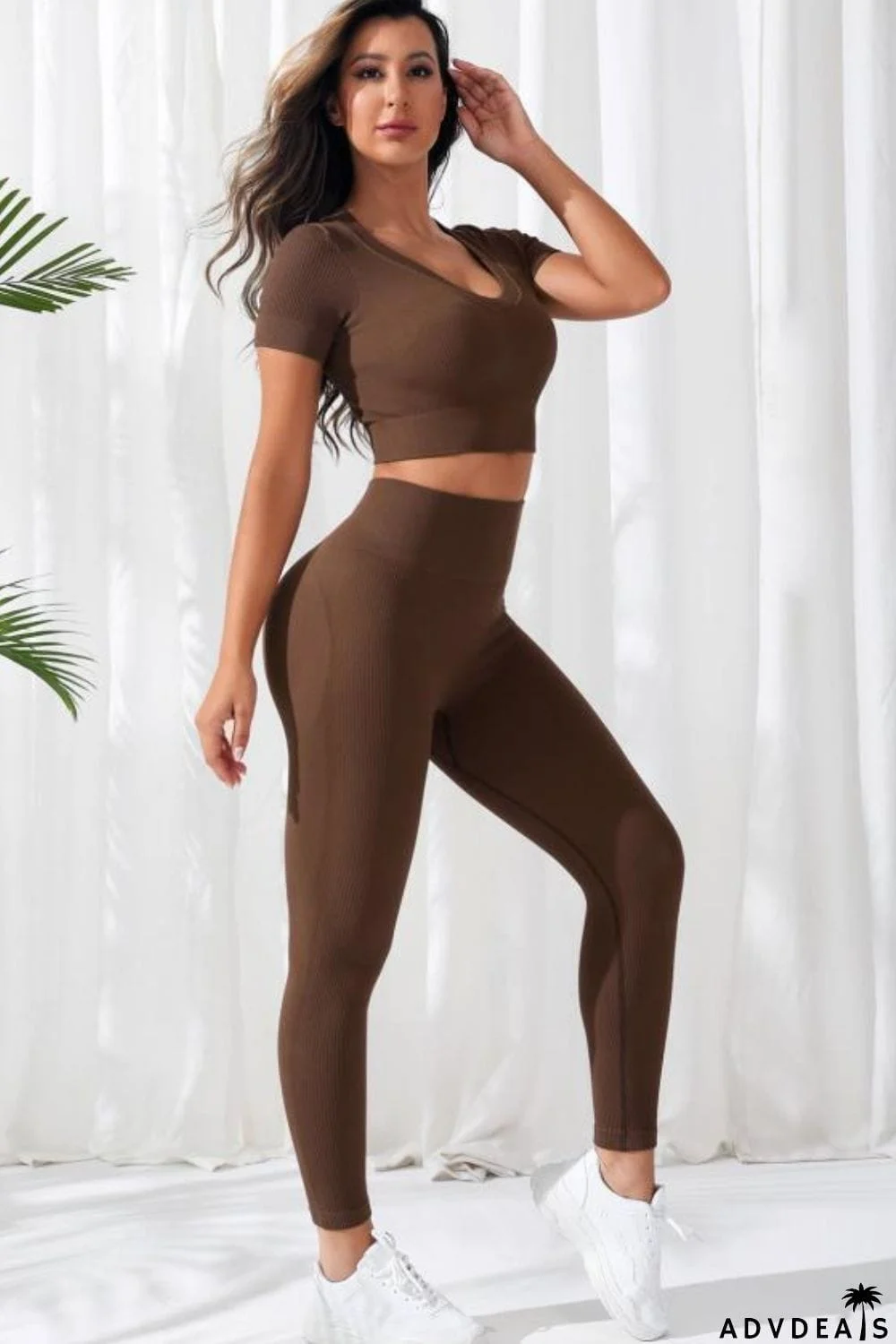 V-Neck Crop Top and High Waistband Long Active Pants