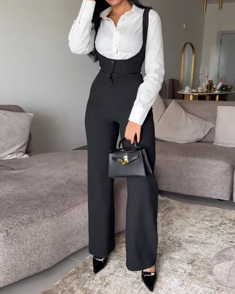 Lapel solid color top + suspender jumpsuit two-piece set