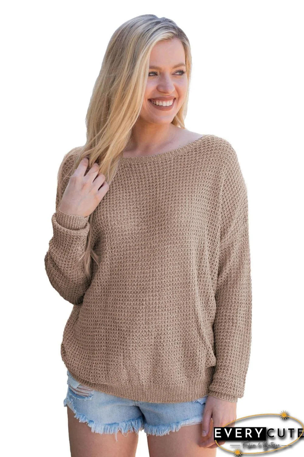 Khaki Cross Back Hollow-out Sweater