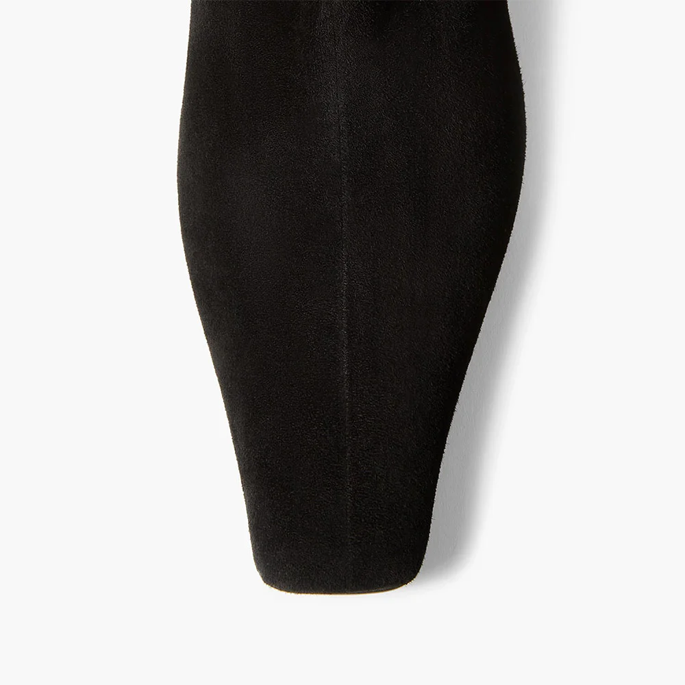 Black Vegan Suede Short Square Toe Boots with Chunky Mid Heel 