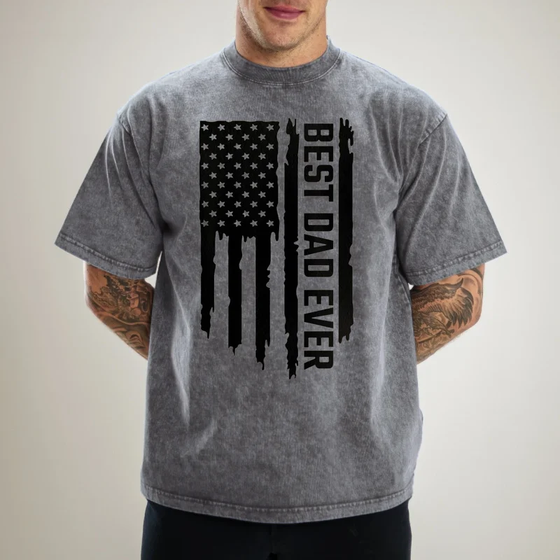 Best Dad Ever American Flag Men's Acid Wash Loose T-Shirt