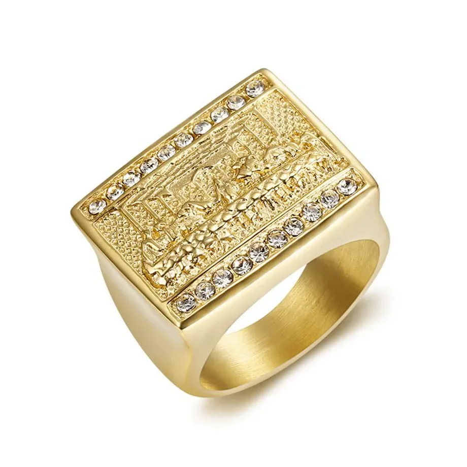 Hip Hop Iced Out Bling Gold The Last Supper Sqaure Rings-VESSFUL