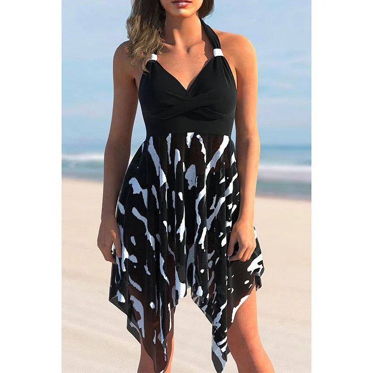 Vacation Elegant Black Calico Halter Top Two Piece Swimsuit
