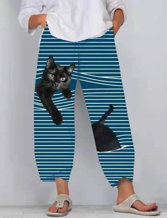 Black Cat Print Striped Patchwork Elastic Waist Plus Size Pants