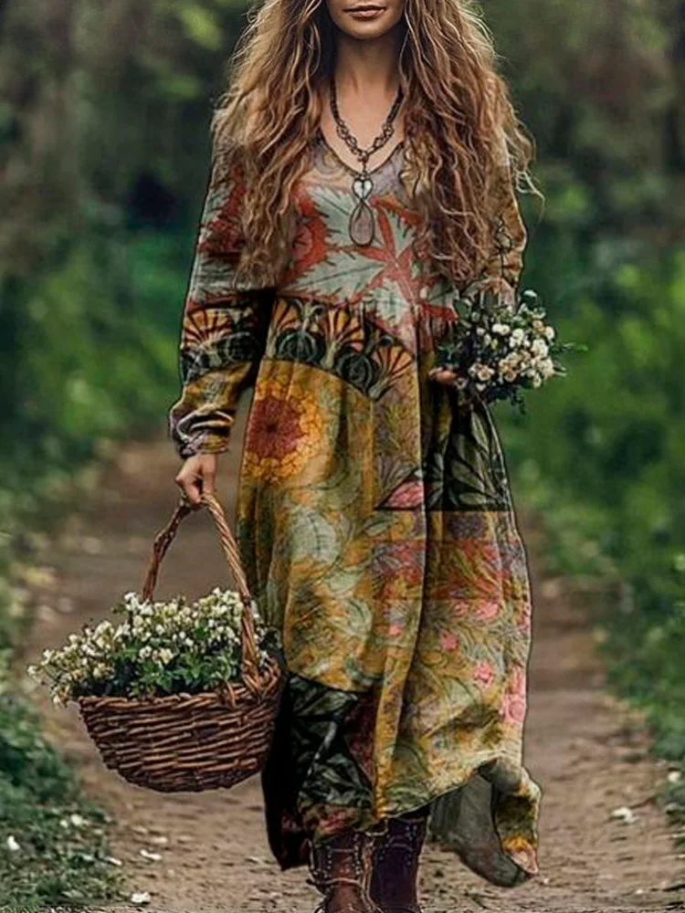 Vintage Floral Pattern Women's Flowy Maxi Dress